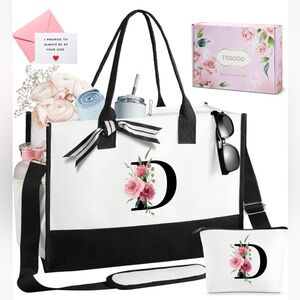 TRSODD Floral Tote & Makeup Bag Set Monogrammed Letter D [NWT]